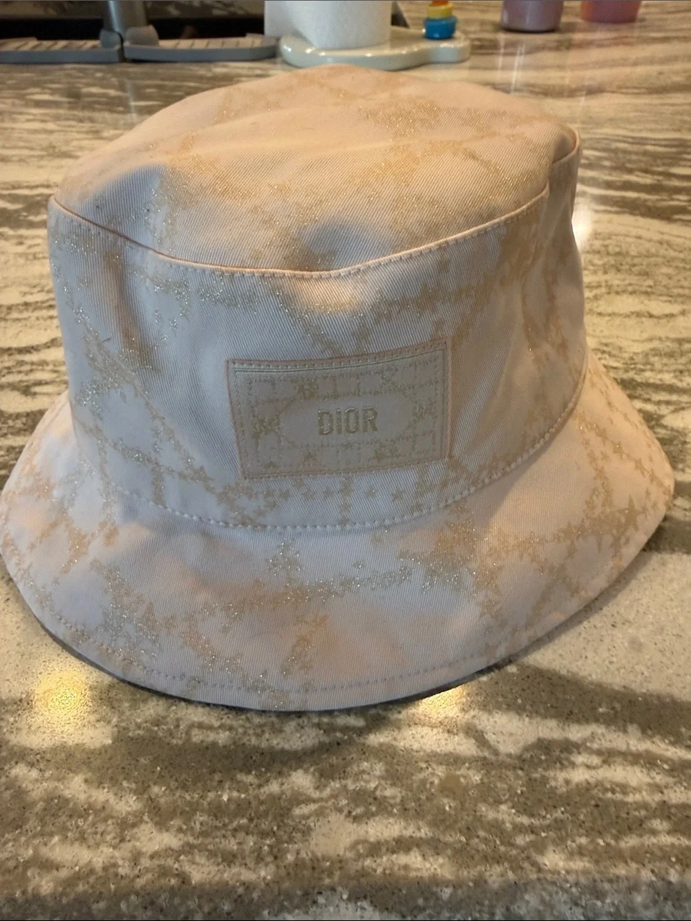 Dior Kids Light Pink Bucket Hat with Gold Star Glitter